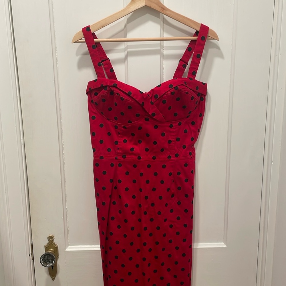 Deadly Dames by Micheline Pitt Red with Black Polka Dot Midi Dress
